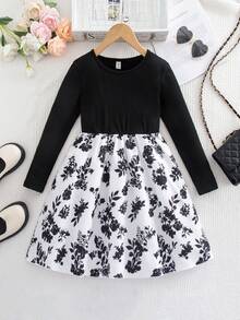 SHEIN Váy họa tiết hoa nhiều màu sắc thường ngày cho bé gái tuổi teen, mùa thu - Đen và trắng - Xem 7