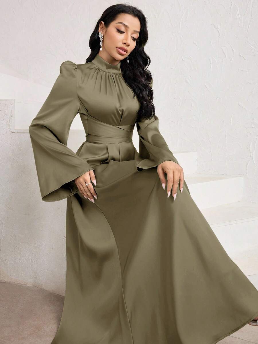 Veilorie Women's Elegant Party Solid Color Bell Sleeve Arabic Style Dress - Brown - View 1