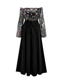 SHEIN Clasi Váy hở vai đính sequin dự tiệc sang trọng cỡ lớn - màu đen - Xem 10