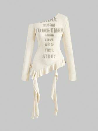 Grunge Punk Y2K Babe asymmetrischer Saum Englisch Muster asymmetrische Schulter Damen Top