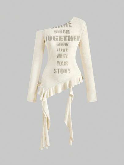 Grunge Punk Top asymétrique pour femmes avec imprimé anglais et ourlet asymétrique, style Y2K