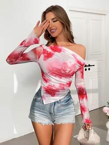 Firerie 女士不对称下摆单肩春夏 T 恤 - 玫紅色 - 查看 3