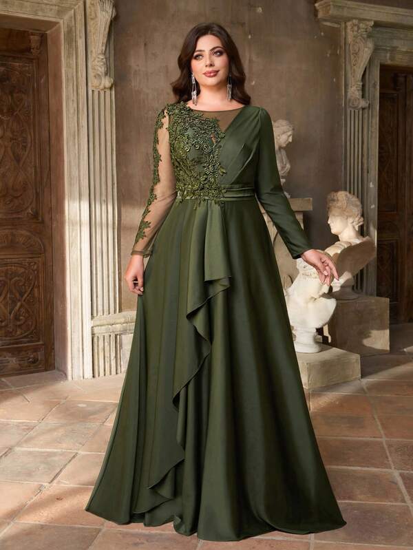 Aureia Plus Size Elegant & Romantic Military Green Round Neck Asymmetric Sleeve Luxury Sequin Patchwork Satin Ruffle Hem A-Line Maxi Evening Gown (Heavily Embellished Design)