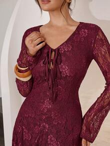 Modelyn Váy ngắn tay dài buộc dây phía trước màu trơn đơn giản dành cho nữ - Màu Đỏ Sâu - Xem 7