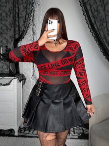 Whyspr Plus Size Asymmetrical Striped Sheer Punk T-Shirt Fall - Red - View 4