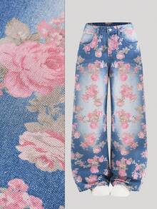 SHEIN MOD 女士碎花口袋宽松牛仔裤 - 中等水洗藍 - 查看 3