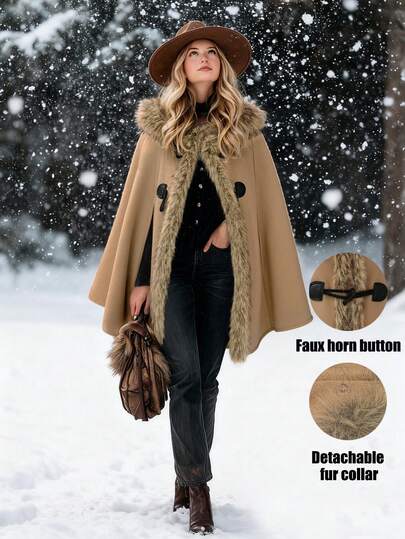 EMERY ROSE Jednokolorowy płaszcz typu budrysówka z kapturem i futrzanym kołnierzem, elegancki damski płaszcz