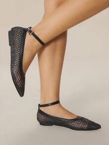 Zapatos casuales de mujer con punta puntiaguda, de tela tejida, color marrón café, cómodos para uso diario, fiestas, playa, con diseño de cordones - Negro - Ver 7