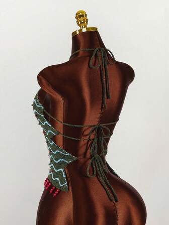  Y2K Amplova Women's Knitted Sweater With Beaded Fringe Hem, Christmas Tree Design, Sexy & Cute, Backless, Suitable For Christmas, Autumn/Winter, Green Beaded Bikini Dance Costume,Party Dresses For Women