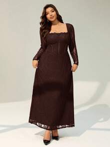 Auralis 大码女士优雅连衣裙，酒红色连衣裙，优雅派对女士，女士秋冬新款派对约会性感S型蕾丝长袖胸罩杯鱼骨方领紧身臀部黑色超长连衣裙，蕾丝连衣裙 - 咖啡棕 - 查看 3