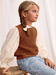 Blossori Young Girls' French Elegant Round Neck Knit Vest - Rust Brown - View 5