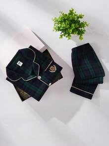 2pcs Young BoyCasual Classic Plaid Shirt & Pants Set, Homewear Boys Plaid Pj Set