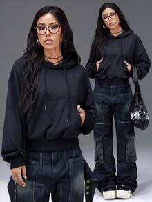 Bloopia 复古摇滚叛逆甜美酷女孩风格时尚优雅百搭女式秋冬新款扎染面料宽松休闲可调节抽绳连帽长袖卫衣 - 黑色 - 查看 5