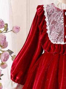 SHEIN Explorewe 女童秋季丝绒蕾丝领长袖连衣裙，红色，优雅，柔软舒适，适合派对、生日等各种场合，厚度适中，春/秋/冬三季皆宜。 - 紅色 - 查看 4