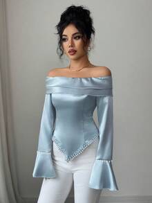 SHEIN Elenzya 1 件女式露肩褶皱长袖珍珠装饰优雅浪漫衬衫 - 霧霾藍 - 查看 3