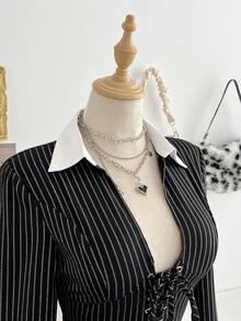 Elamini Women's Striped Tie-Up Long Sleeve Cropped Fashionable Fitted Patchwork Collar Shirt