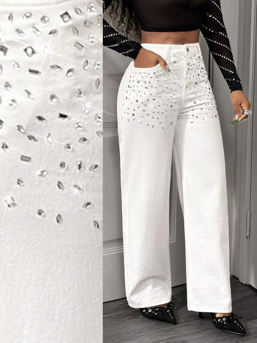 Slaydiva Fashionable Commuter High-Waisted Straight Leg Jeans With Rhinestone Decor - White - View 1