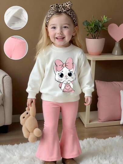 SHEIN 2pcs/Set Baby Girl Cute Cat Print Knit Soft Round Neck Long Sleeve Sweatshirt And Floral Bell Bottom Pants Set, Girls Christmas Outfit, Suitable For Autumn/Winter, Comfortable And Casual, Layering Piece, Fashion Streetwear, Graphic Design, Back To School, Autumn, Back To School Party, Suitable For Outdoor Picnic, Street Photography, Home, Campus, Holiday, Gift