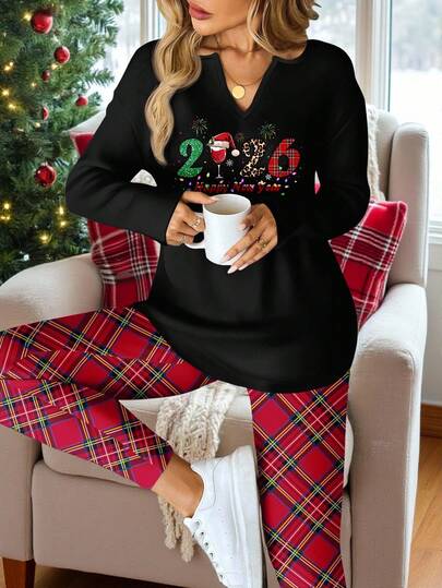 EMERY ROSE 2pcs/Set Plus Size Women Christmas 2026 Slogan Print Long Sleeve Top And Plaid Pants, Suitable For Autumn/Winter Party