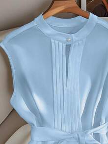 Qadelle Women's Elegant Solid Color Wide Strap Sleeveless Blouse, Summer - Blue - View 4
