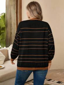 Rosumi كنزة صوفية مترهلة بياقة طاقم بلون أسود وبني وقطع ملونة وخطوط نقطية بمقاس كبير، للاستخدام في الخريف/الشتاء بشكل عادي