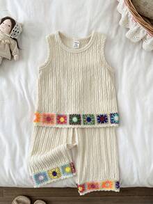 SHEIN 2件套女婴休闲时尚度假风无袖上衣和裤子套装，适合春夏季节、居家、度假、海滩、派对、日常穿着 - 杏色 - 查看 3