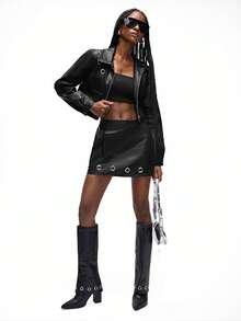 Aveloria Affinna 两件套黑色PU皮革朋克街头风服装，铆钉装饰，镂空设计，百搭机车夹克和迷你裙套装，女士款