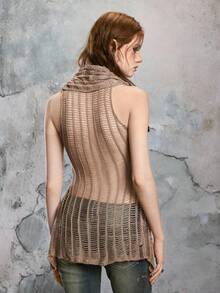 ROMWE Fairycore Women's Solid Color Asymmetric Hem Distressed Hooded Sleeveless Knit Top - Khaki - View 7