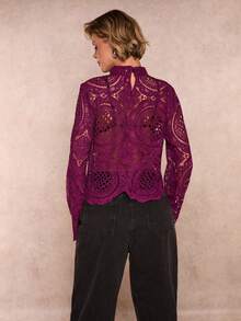 Glamine 中紫红色长袖碎花透视上衣，女士个性化长袖上衣，女士上衣，外出上衣，优雅女士上衣，女士碎花连衣裙 - 中紫紅色 - 查看 2