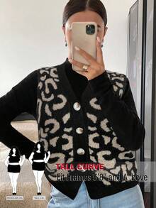 SHEIN Tall CURVE 女士单排扣V领豹纹针织背心，秋冬季，无袖针织保暖羊毛上衣，撞色滚边，休闲日常穿着，2024秋冬款，通勤，简约，办公，复古，简约，秋冬季 - 彩色 - 查看 7