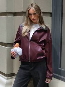 Aloruh Women's Elegant Coat,Barn-Style Color-Blocked Jacket,Fashionable & Versatile Commuter Ancla Red PU Jacket In,Women's Winter,Women's Winter Jacket,Fall For Women,Autumn For Women,New Year,Chic Women's Jacket,Burgundy Coat,Old Money Style,Casual Coat,Fall/Winter - Coffee Brown - View 8