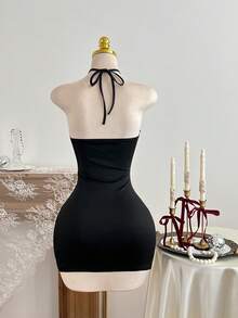 Elamini Women's Metal Ring Decor Halter Mini Dress - Black - View 2