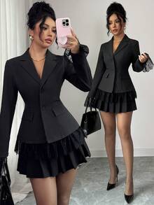 Selianne Women's Suit Fabric Twill Composite Lapel Front Button Closure Pocket Hem Lace Splice Long Sleeve Blazer, Cuff Lace Flare Sleeve, Solid Black, Elegant Vintage French Office Commute Business Casual, Autumn/Winter