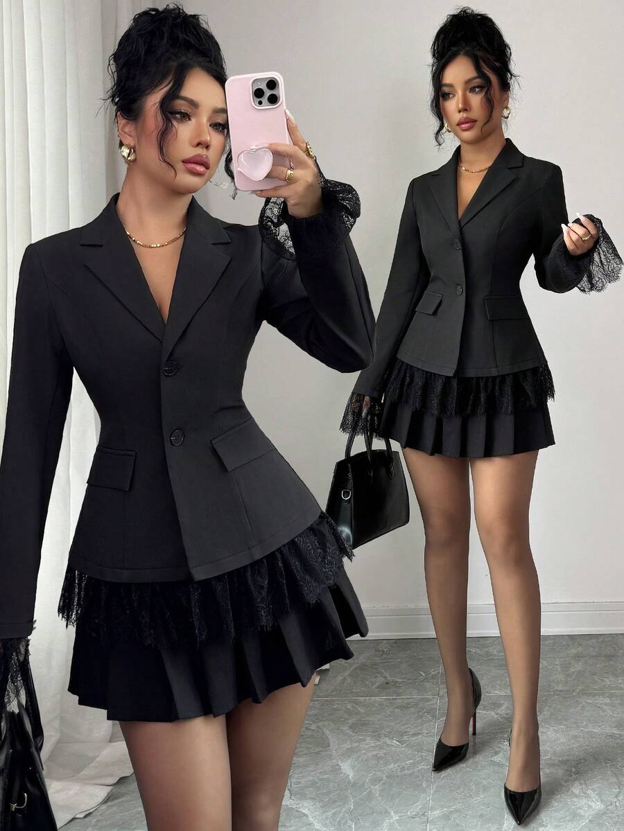 Selianne Women's Suit Fabric Twill Composite Lapel Front Button Closure Pocket Hem Lace Splice Long Sleeve Blazer, Cuff Lace Flare Sleeve, Solid Black, Elegant Vintage French Office Commute Business Casual, Autumn/Winter