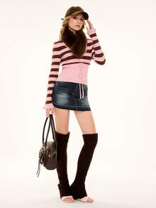 ROMWE Avant Retro Sweetheart Contrast Striped Deep V-Neck Long Sleeve Sweater For Women - Multicolor - View 6