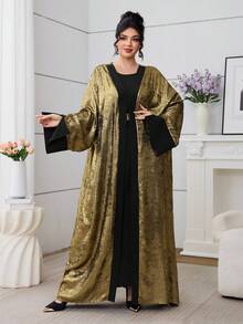 Al Najma 2025 New Middle Eastern Abaya Fashion Gold Foil Long Robe Cardigan Outerwear With Inner Long Sleeve Dress Suit