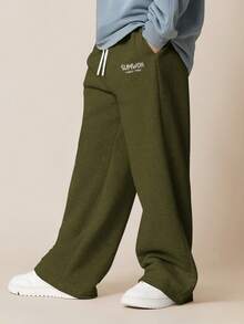 SUMWON 阔腿运动裤，抽绳腰带，印花图案，休闲舒适，适合度假穿着 - 軍綠色 - 查看 2