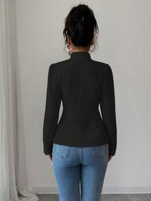 SHEIN Elenzya 女士优雅纯色格纹质感面料立领长袖高端优雅外套，适合感恩节、万圣节、街头风、秋冬季穿着。 - 黑色 - 查看 2