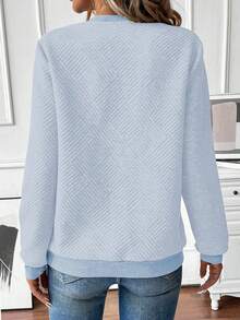 SHEIN LUNE Women's Autumn Sweatshirt, Notch Neck, Long Sleeve, Raglan Sleeve, Ribbed Splice, Zipper Decor, Textured Fabric - Blue - View 2