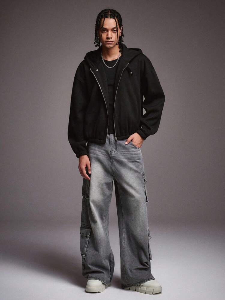 STYNVO Men's Solid Color Drop Shoulder Long Sleeve Zip Front Casual Black Zip Up Hoodie , For Winter, Thermal Lined - Black - View 5