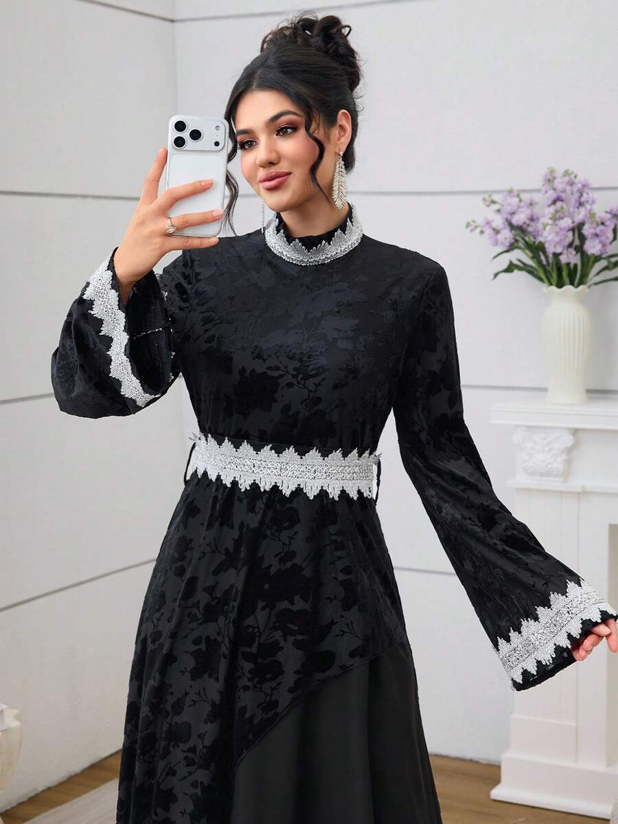 Al Najma Casual Retro Long Sleeve Waist Cinched Women's Arabic Style Dress - Black - View 1