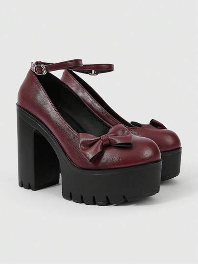 Goth Women's Solid Color Leather Closed Toe Platform Chunky Heel Pumps, Fashionable Ankle Strap Buckle Bow Decor Comfortable Commute High Heel Mary Jane Shoes, Spring/Autumn