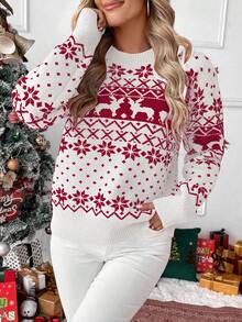 SHEIN LUNE Christmas Reindeer & Snowflake Pattern Dropped Shoulder Knit Sweater For New Year Clothes - Multicolor - View 4