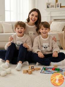 Tween Boy Cartoon Bear Embroidered Fleece Sweatshirt And Pants Pajama Set, Winter - Multicolor - View 5