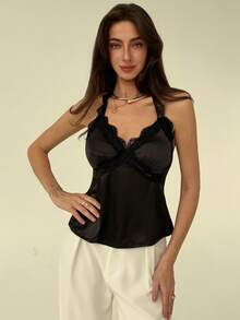 Aloruh Women's Fashion Contrast Lace Spaghetti Strap Backless Camisole For Summer - Black - View 3