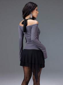 Bloopia Hàn Quốc Thường Ngày Slouchy Cá Nhân Hóa Trẻ Hóa Cho Nữ Thu/Đông Phong Cách Mới Halloween Ngôi Sao Đính Đá Trang Trí 2 Trong 1 Thiết Kế Halter Tie Eo Ôm Vừa Vặn Trễ Vai Hở Vai Tay Dài Cho Nữ Váy Ngắn - Màu xám đen - Xem 5