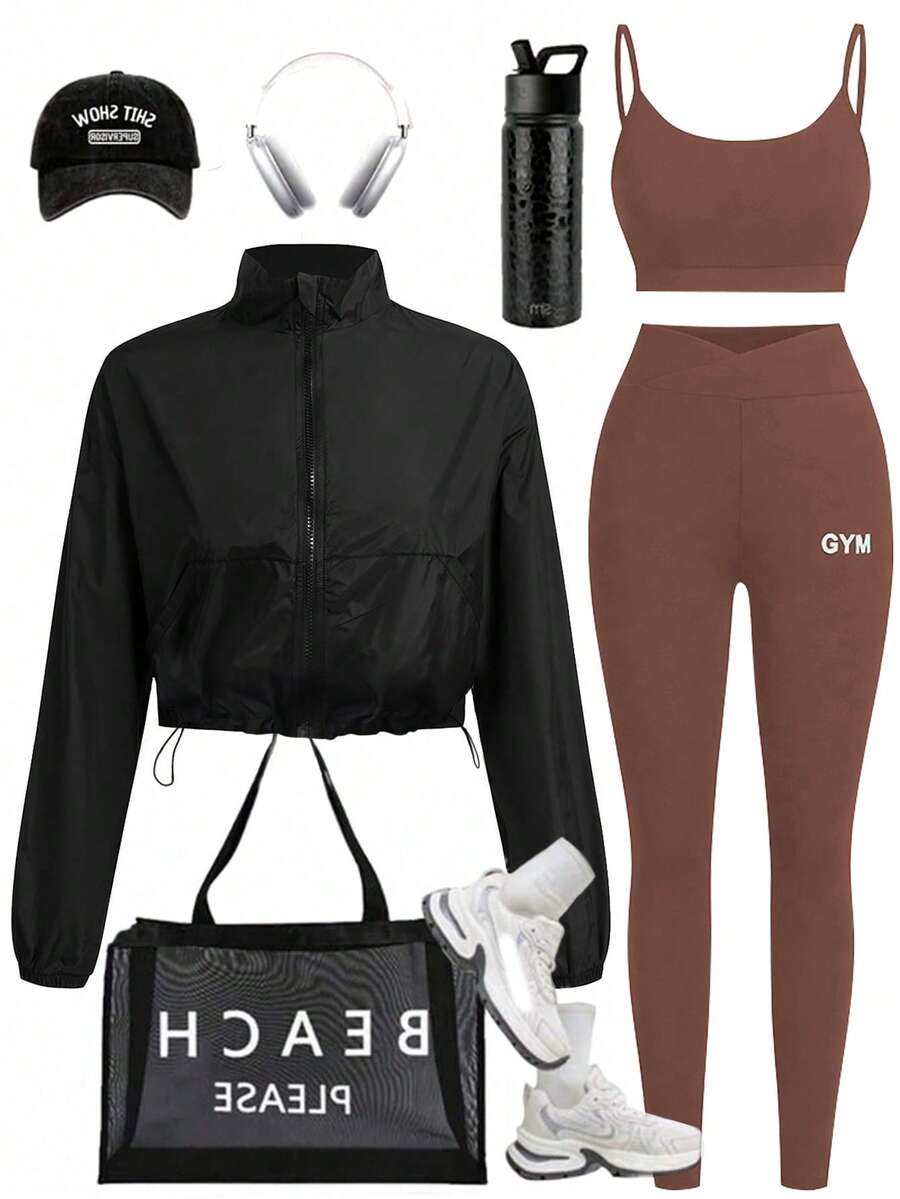 Eassivo Eassivo Bộ đồ thể thao áo hai dây và quần legging màu trơn - Nhiều màu - Xem 1