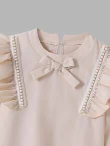 SHEIN Girls 2-Piece Long-Sleeve Shirt & Black Skirt Set For Autumn School,Back-To-School,Ruffled Shoulder,Pearl Bow Details,White Wave Pattern,Retro Charm - Black and White - View 7