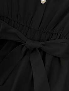 Franclia 优雅法式高端度假通勤百搭圆领短袖弹力腰身珍珠纽扣装饰舒适柔软无弹杏色女士中长连衣裙，春夏款 - 黑色 - 查看 4