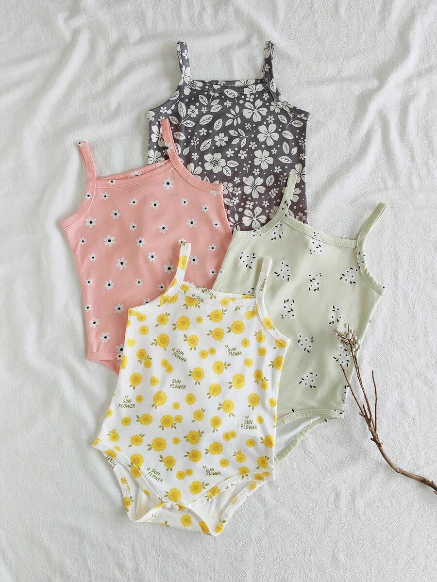 Vintaside Kids 4pcs Baju Bodysuit Bayi Perempuan Motif Bunga Kecil, Bodysuit Modis dan Lucu Gaya Pedesaan, Musim Semi/Panas